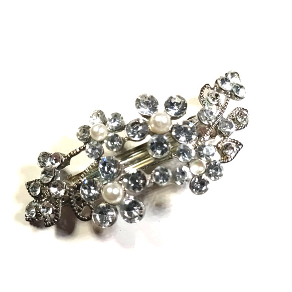 Hair Barrette Tension Clip Clear Rhinestone Faux Pearls Wedding Pageant Party - Picture 2 of 5